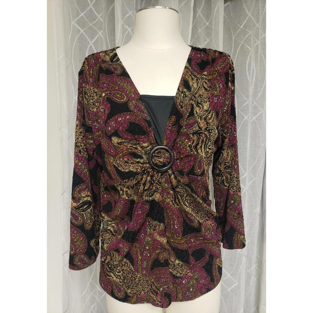 Vintage Attitude O-ring Buckle Paisley Pattern 3/4 Sleeves Women's Top, Sz L